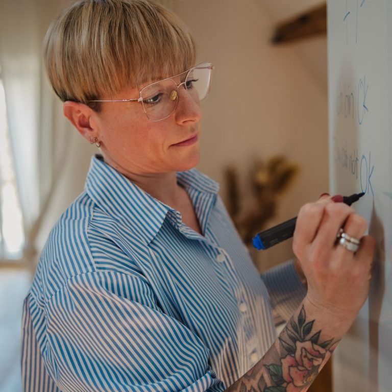 TA-Weiterbildung Nadine Hönich schreibt am Flipchart in der TA-Weiterbildung des H2 Bildungsraums